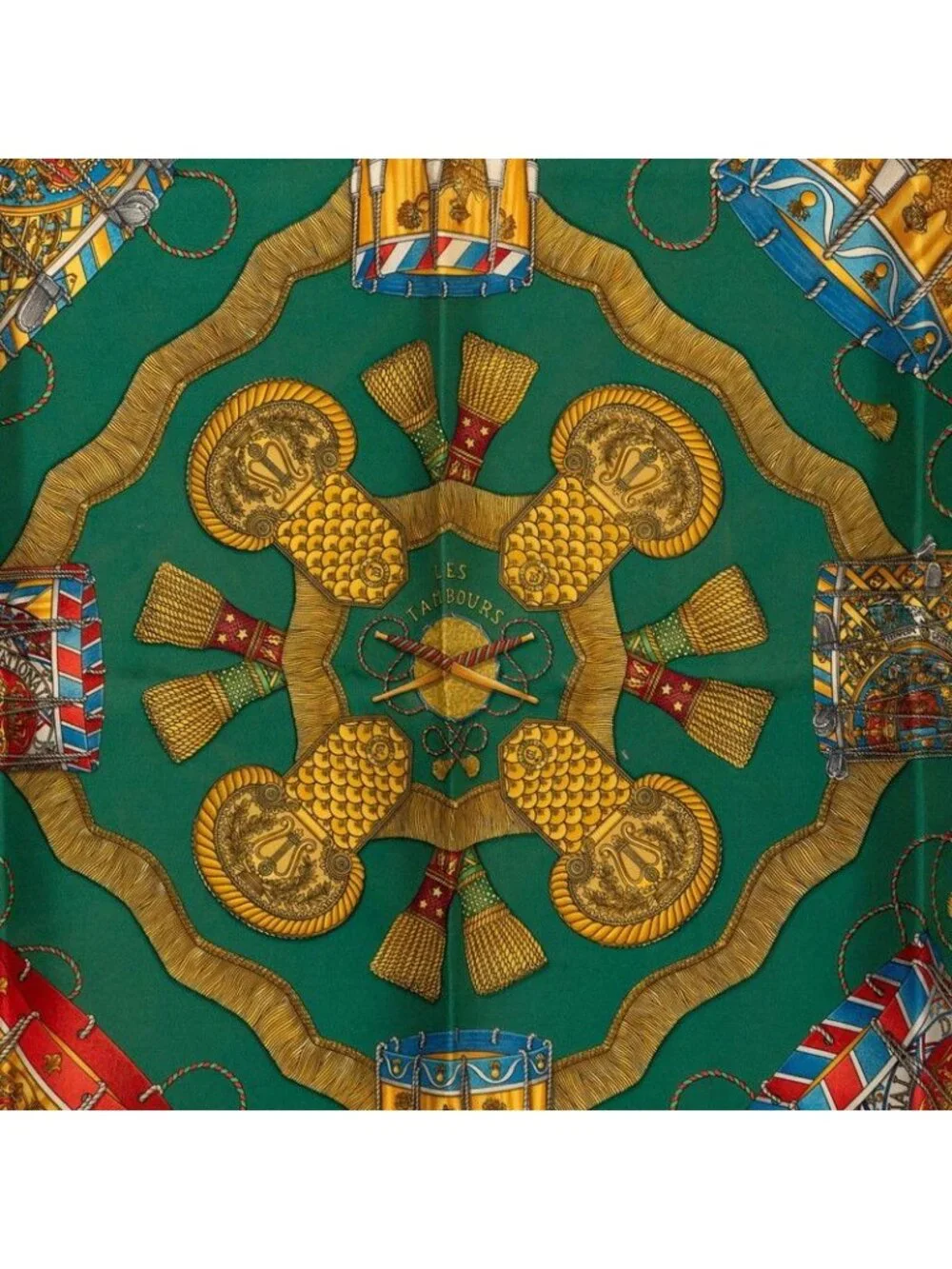 Hermes Carre 90 les Tambours Drum Scarf Green Multicolor Silk